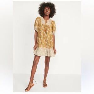 Old Navy Sz M yellow floral puff-sleeve Baby Doll Mini Boho Cottage Core